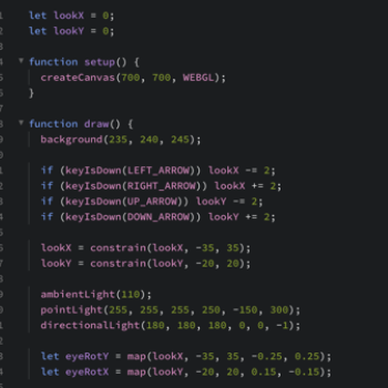 Code creating the 3D spheres, using WEBGL and directional light. I originally tried making a sphere using the 3D techniques above but the sphere did not look like it was responding to the input so I improvised. 